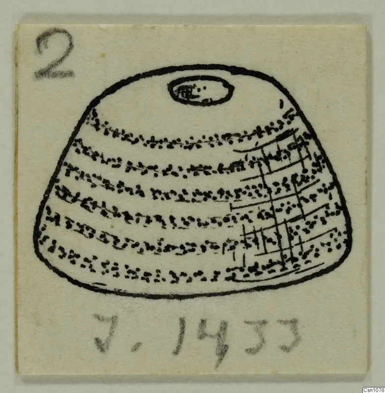 Ink drawing of a small domed terracotta object with dotted bands and a small oval opening at the top, on a cream card