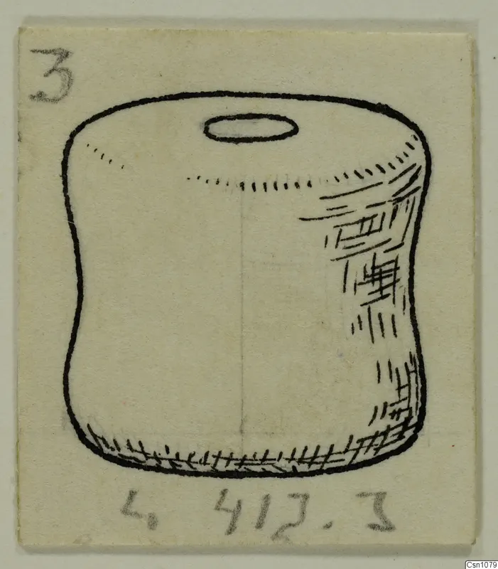 Pen drawing of a barrel-shaped terracotta spindle whorl with a central hole, seen from the side