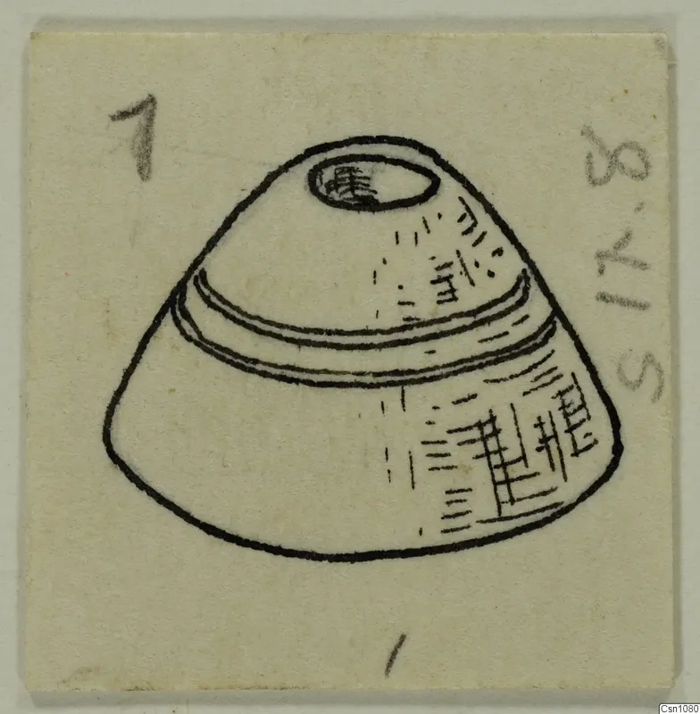 Drawing of a cone-shaped terracotta object with two encircling bands and hatched markings on its body