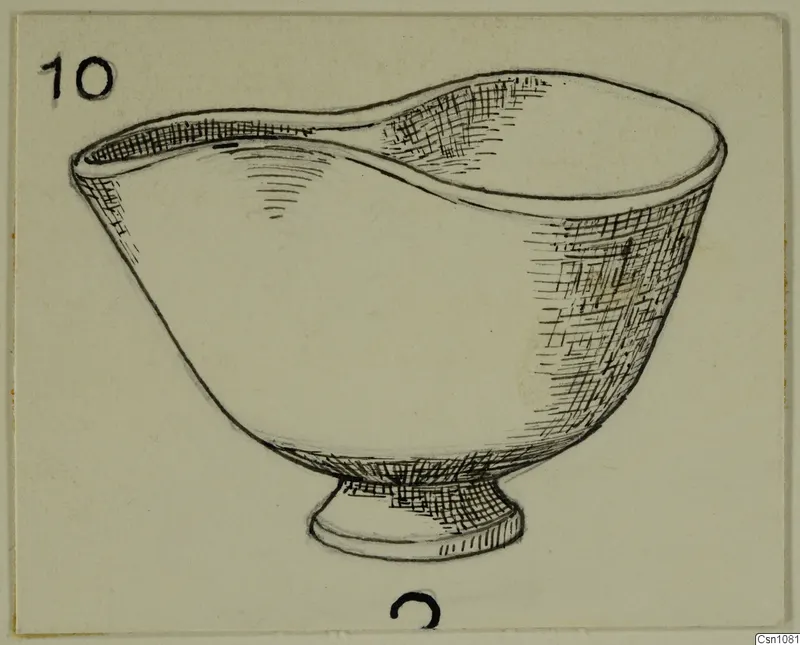 Drawing of a vessel with a broad, flattened lip extending to one side and a low foot