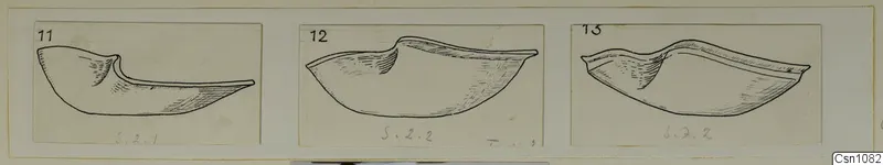 Drawing of three terracotta lamps in profile, each in its own bordered panel on a mount.