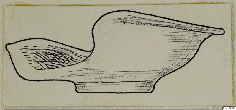 Pen drawing in side profile of a terracotta lamp with a long tapering spout to the left.