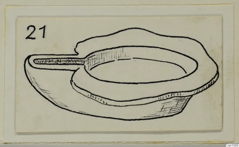Ink drawing of a terracotta lamp with a long narrow nozzle to the left, on a card mount