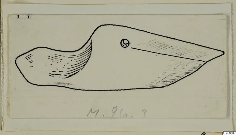 Pen drawing of a terracotta lamp in side view, with a pointed nozzle and a round filling hole
