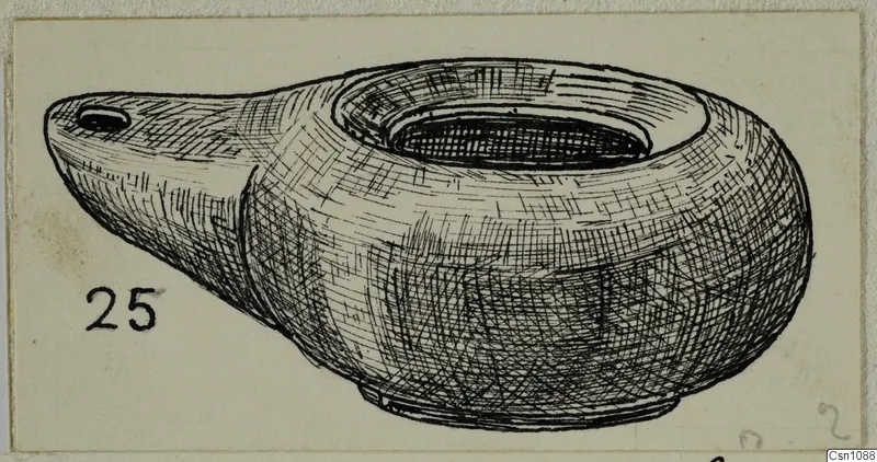 Pen drawing of a terracotta lamp with a long pointed nozzle and a wide oval filling opening