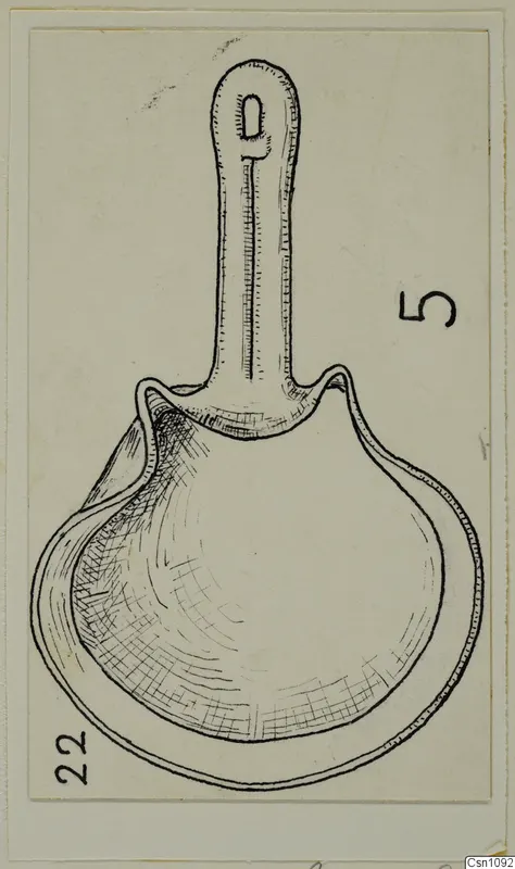 Pen drawing of a terracotta lamp with a long handle, with two number labels in the corners.