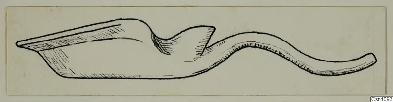 Pen-and-ink drawing of a terracotta lamp in side profile, with a pointed nozzle at left and a long curved handle at right.