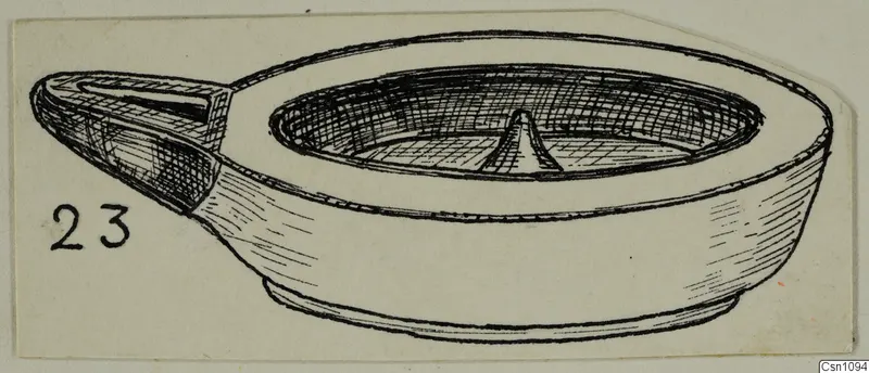 Drawing of a terracotta lamp with a spout on the left and a raised cone in the centre of the bowl