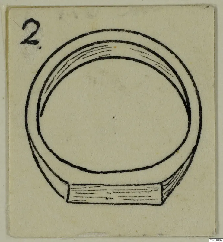 Drawing of a finger ring with a flat rectangular bezel, with a number label in the top left corner