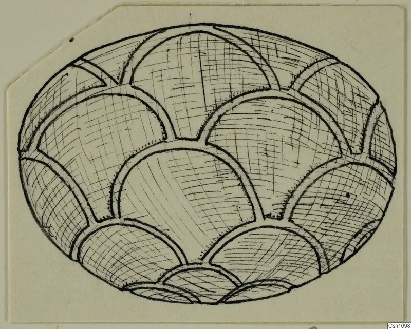 Pen drawing of an oval object decorated with overlapping arcs, on a pale card.