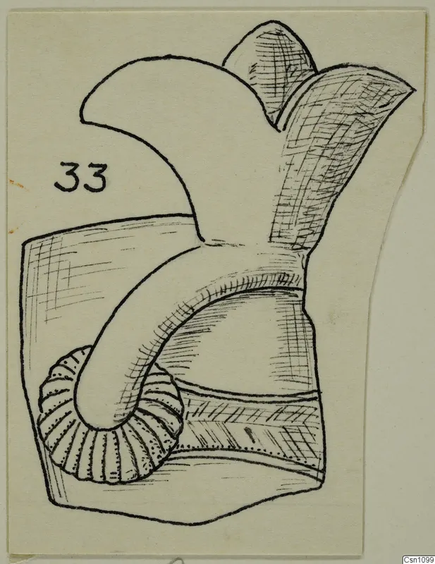 Pen drawing of an object fragment with a curved projection and a ribbed lower lobe, with a number label at left.