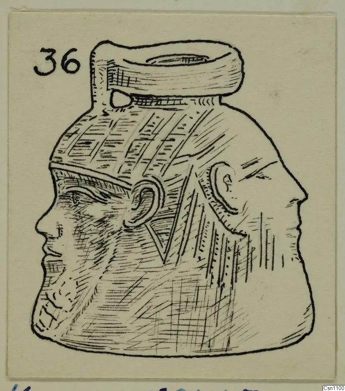 Drawing of a faience figure: a head with a face on each side and a cylindrical top.