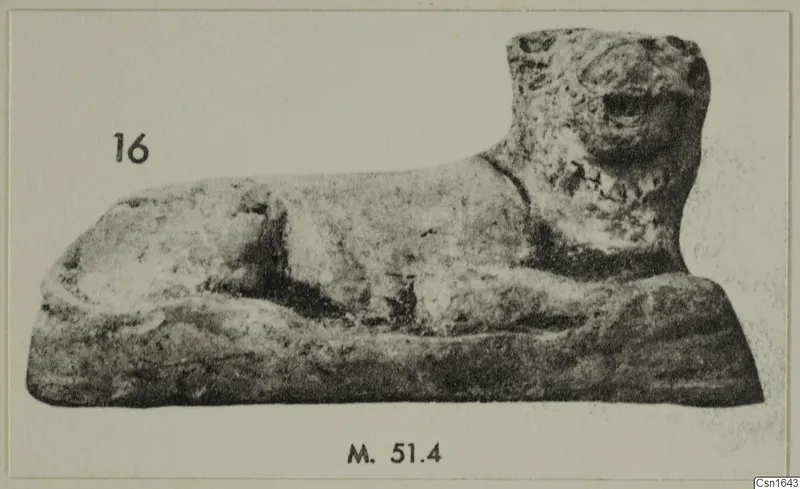 Animal figurine from Marion Tomb 51, shown lying down with its head raised, on a rectangular base.