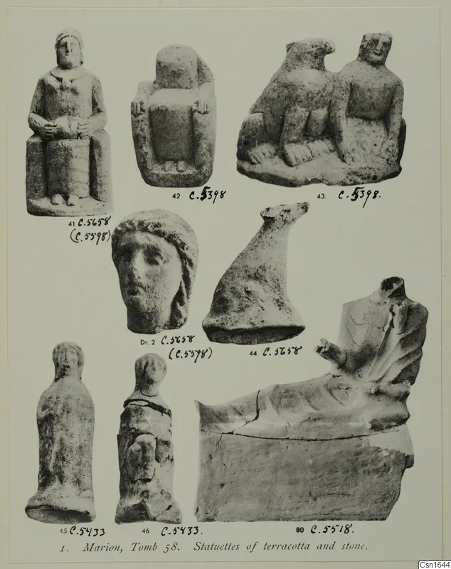 Printed plate of terracotta and stone statuettes from Marion, Tomb 58, shown as several separate photographs