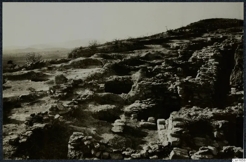 Excavated rock-cut and stone remains on a hillside at Idalion, with low hills in the distance.