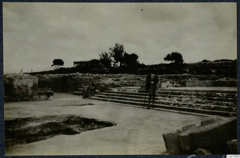 Man in a dark suit holding a cane beside the stone steps at Vouni palace