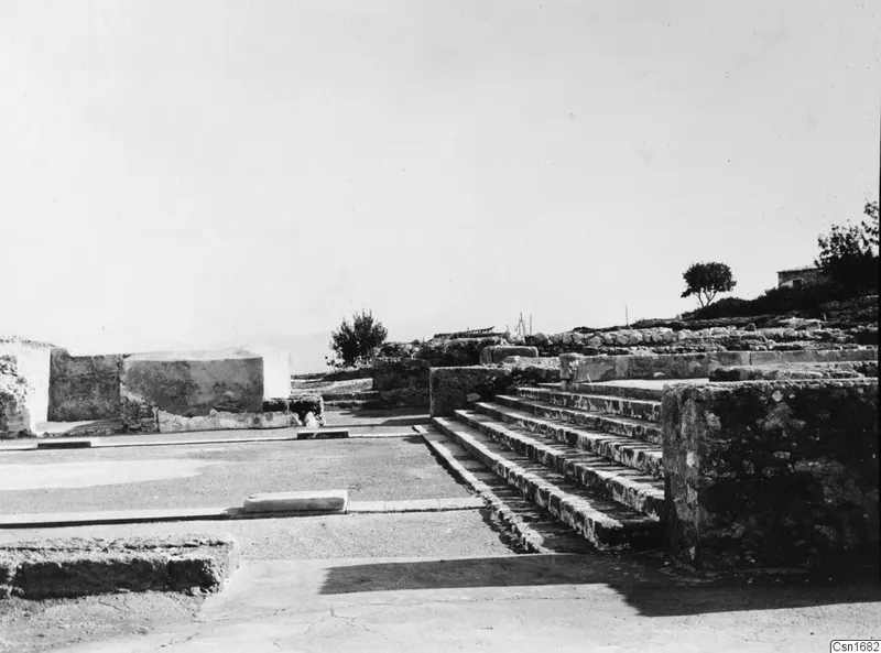 Stone staircase and ruined walls at Vouni palace, with a tree on the hillside behind