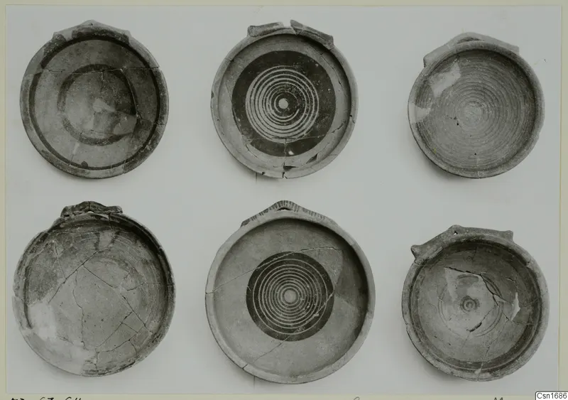 Six shallow bowls with concentric circle patterns from Marion, shown in two rows of three.