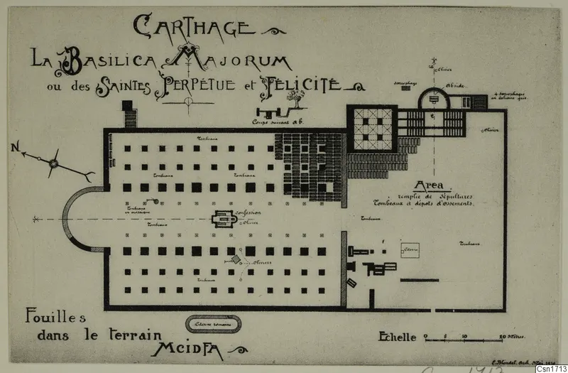 Printed plan of the Basilica Majorum at Carthage, with rows of small square tombs inside a long enclosure.