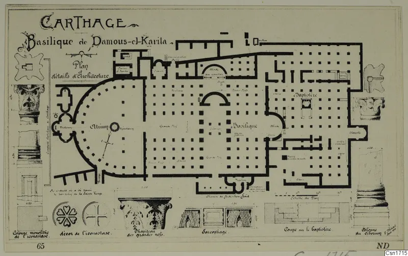 Plan of the Basilica of Damous-el-Karila at Carthage, with architectural details drawn around it