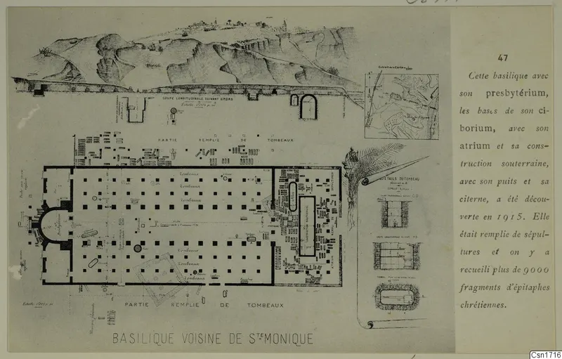 Plan and section drawings of the basilica next to Ste Monique at Carthage, on a printed plate