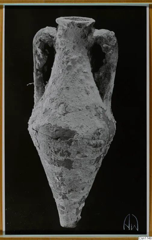 Two-handled vessel with a narrow neck and pointed base, its surface crusted, shown against a black background.