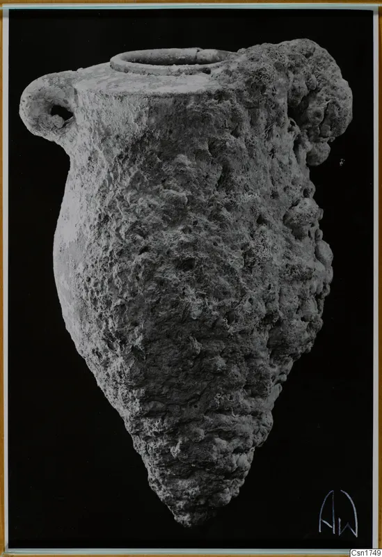 Encrusted jar with a ring neck and a loop handle on the left, shown against a black background