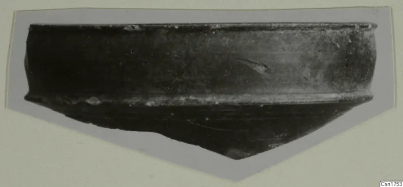 Pottery sherd with a rim and dark surface, mounted on grey card