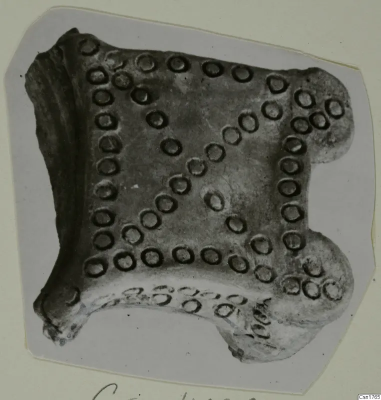 Pottery fragment with rows of ring-shaped impressions, photographed on a grey card mount