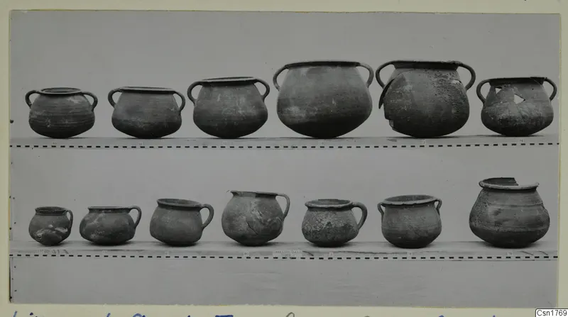 Two shelves of plain pottery vessels with handles, photographed beside scale bars, from Limassol Oasis T.I