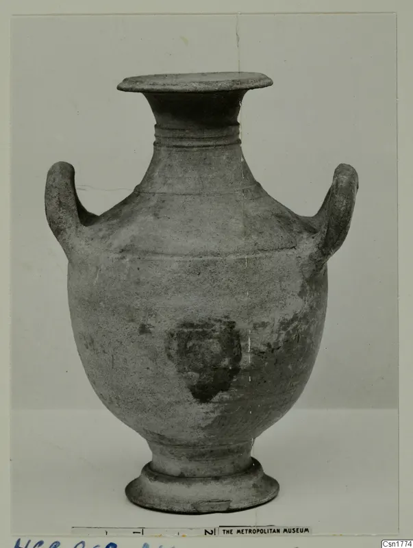 Hellenistic Wares: two-handled pottery jar with a flared rim, ribbed neck and ring base, shown upright against a plain backdrop.