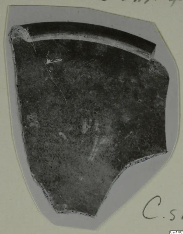 Pottery sherd with a curved rim, photographed on a grey card mount
