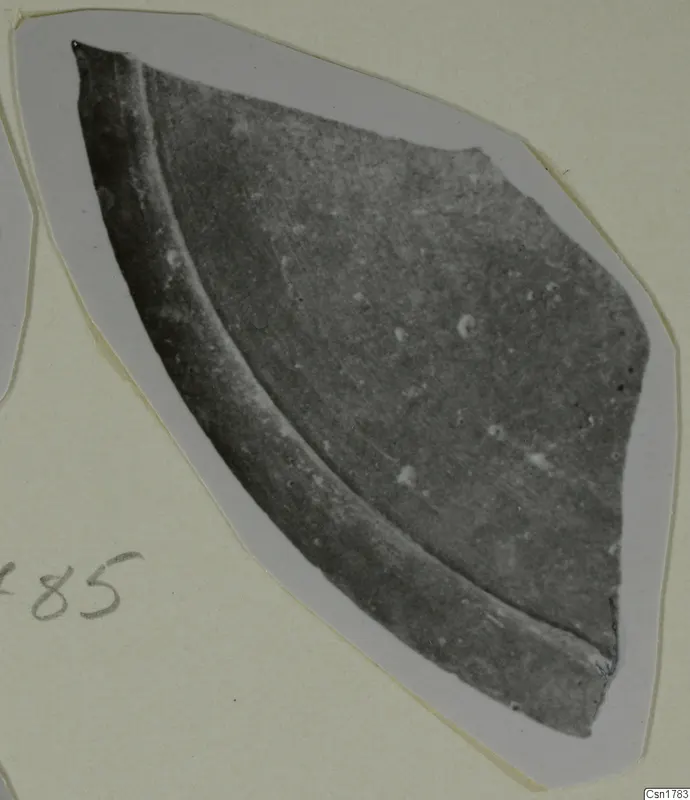 Cypro-Hell. II sherd: a curved fragment of dark pottery with a raised ridge, mounted on a card