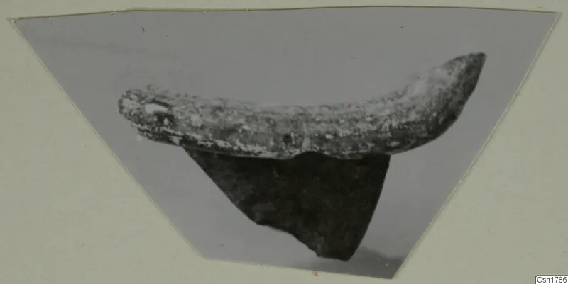 Pottery sherd with a thick, curved upper edge and a roughly broken darker body, shown in side view.