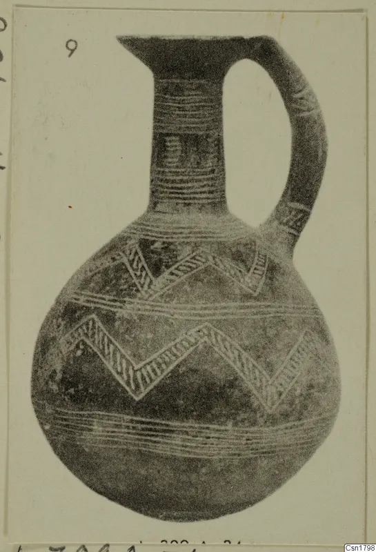 Pottery jug with a single loop handle and zigzag bands, from the Vrysi tou Barba tombs at Lapithos