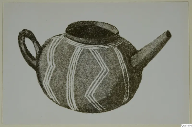 Drawing of a Red Polished III jug with a spout, a loop handle and white zigzag and vertical bands