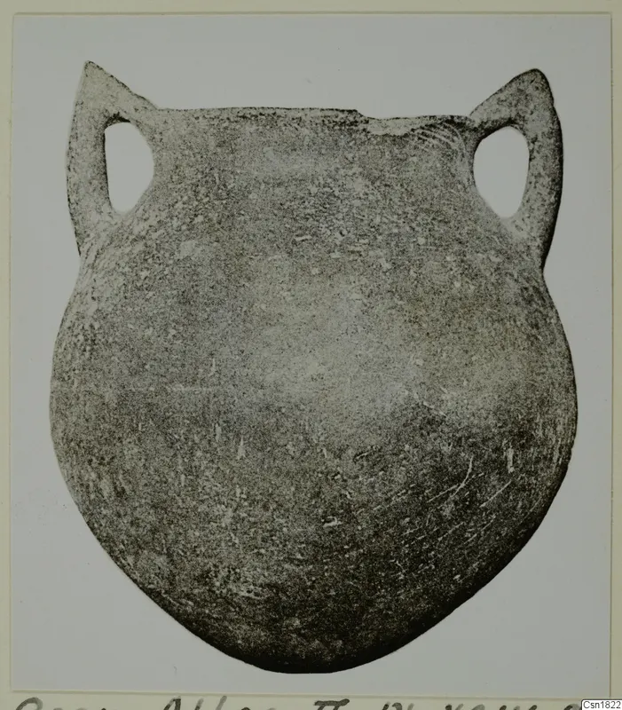 Pottery vessel of the Red Polished I type with a rounded body and two tall loop handles, photographed in grey tones