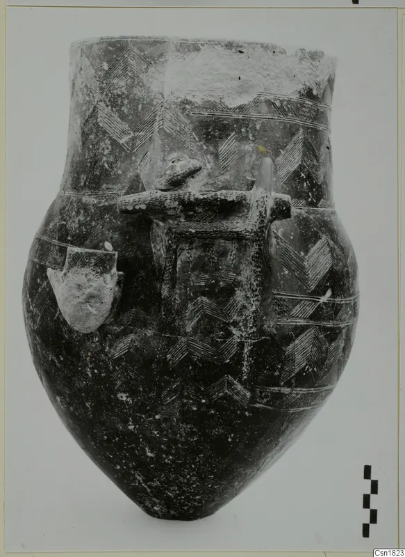 Dark pottery vessel with a rounded body, flaring neck, incised chevron and line patterns, and applied lugs and a bar handle.