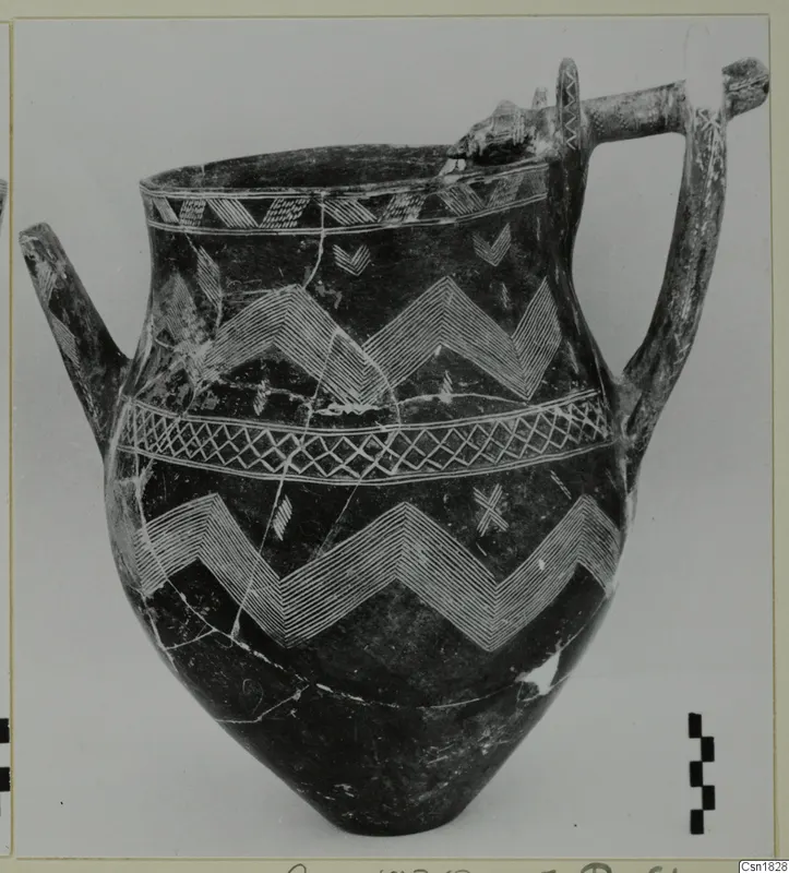 Red Polished I jar with a spout, two handles and pale zigzag and lattice bands