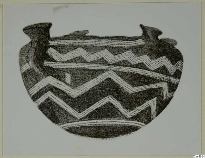Drawing of a Red Polished I Stewart vessel with white zigzag bands on a dark body