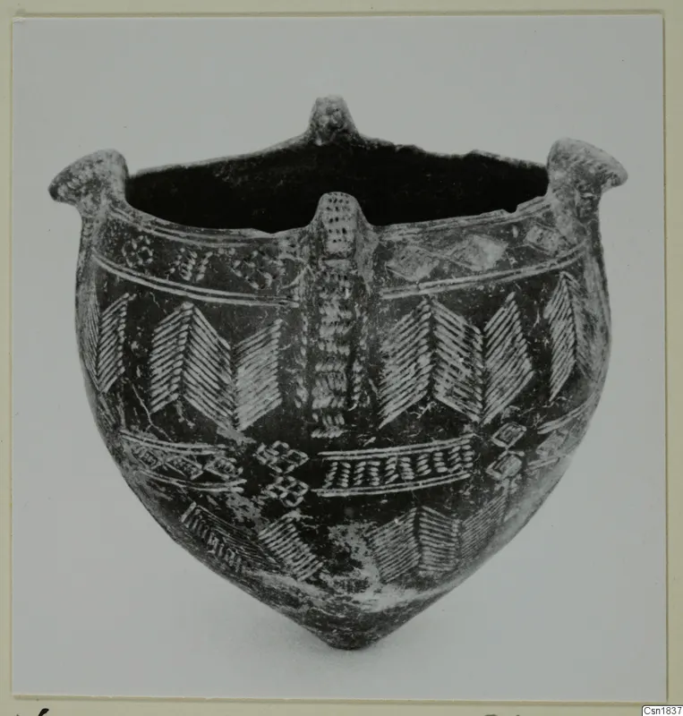 Red Polished I bowl from Vounous with incised chevron and banded decoration and rim lugs