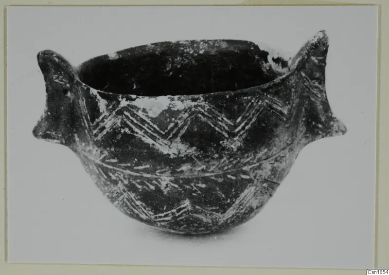 Pottery Red Polished I bowl from Vounous with two horn-like lugs and incised chevron bands