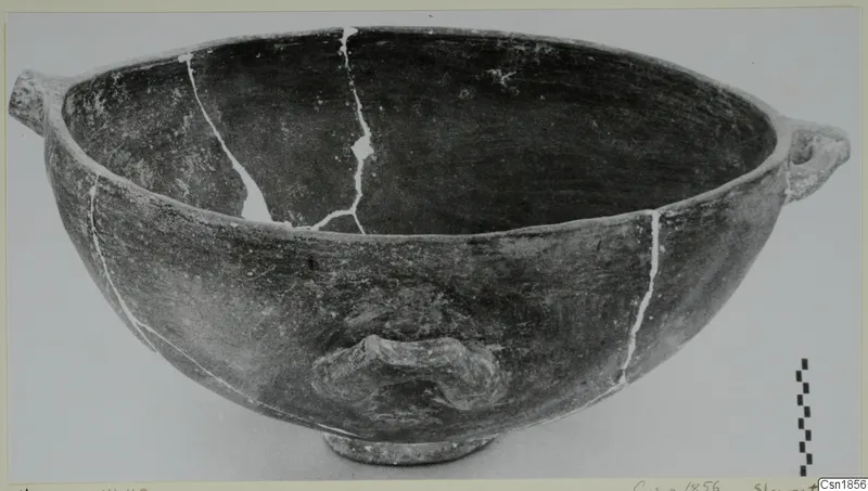 Pottery Red Polished I bowl from Vounous, with two side handles and mended cracks