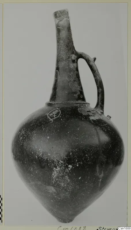 Pottery Red Polished I vessel with tall neck, single handle and incised decoration