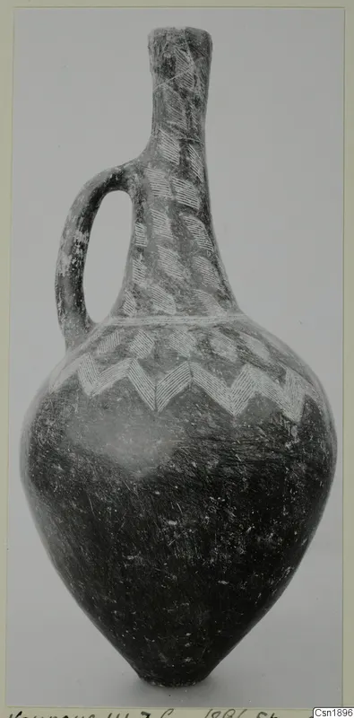 Jug with a single loop handle, a tall neck and white painted chevron bands, from Vounous