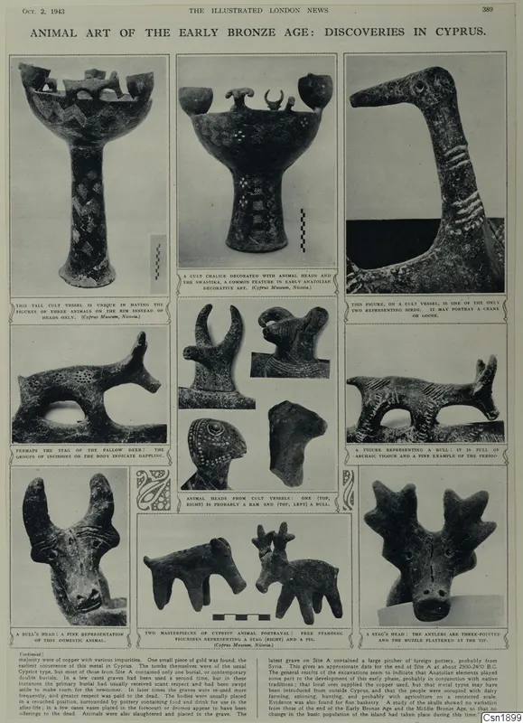 Printed magazine page with photographs of animal-shaped vessels, animal heads and figurines