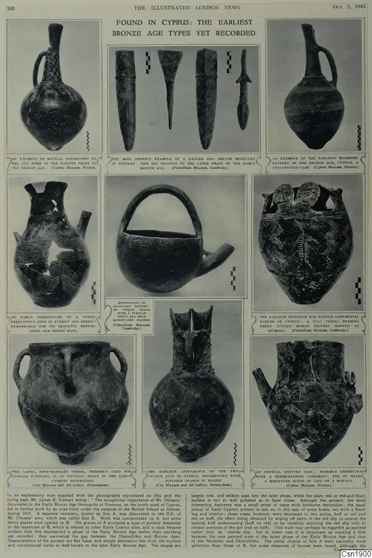Printed magazine page with several photographs of pottery vessels, captions beneath each, and body text in columns
