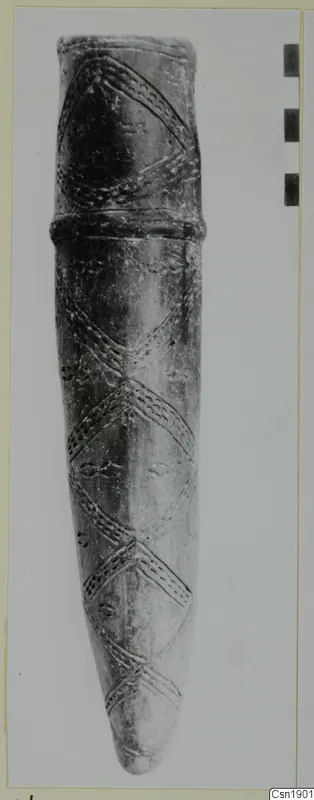 Red Polished I Stewart pottery vessel from Vounous, shown upright with incised zigzag bands