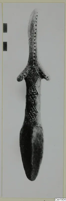 Pottery vessel with a long perforated neck, flaring shoulder projections and an incised lozenge pattern on the body