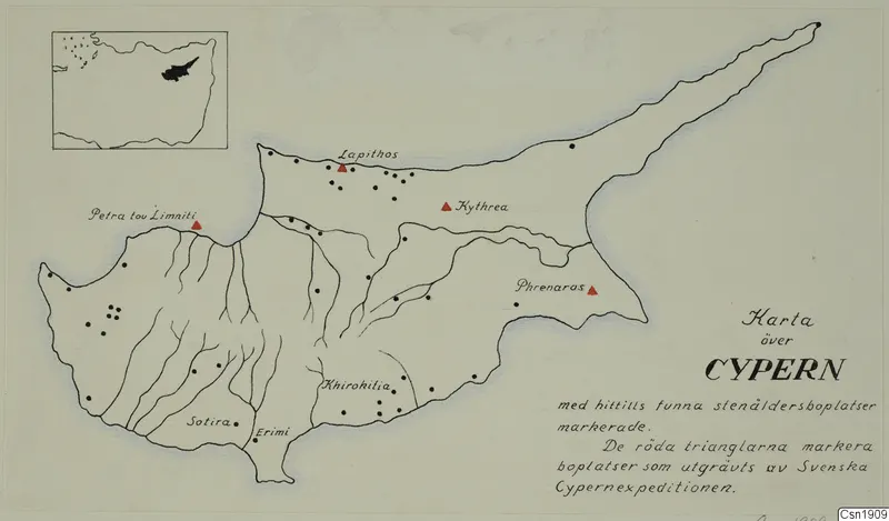 Hand-drawn map of Cyprus with black dots for sites and red triangles for excavated sites